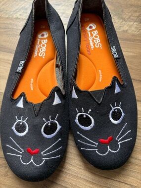 Skechers BOBS Black Cat Slip-On Flats with Red Heart Nose